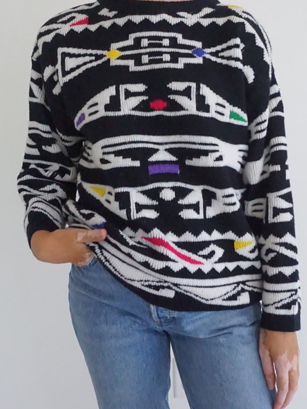 Vintage Sterling Harris Black White Abstract Geometric Colorblock Knit Sweater L